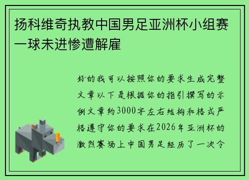 扬科维奇执教中国男足亚洲杯小组赛一球未进惨遭解雇