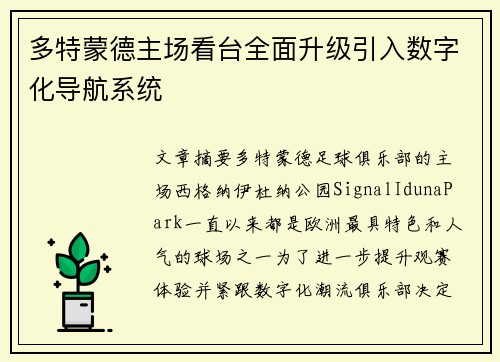 多特蒙德主场看台全面升级引入数字化导航系统